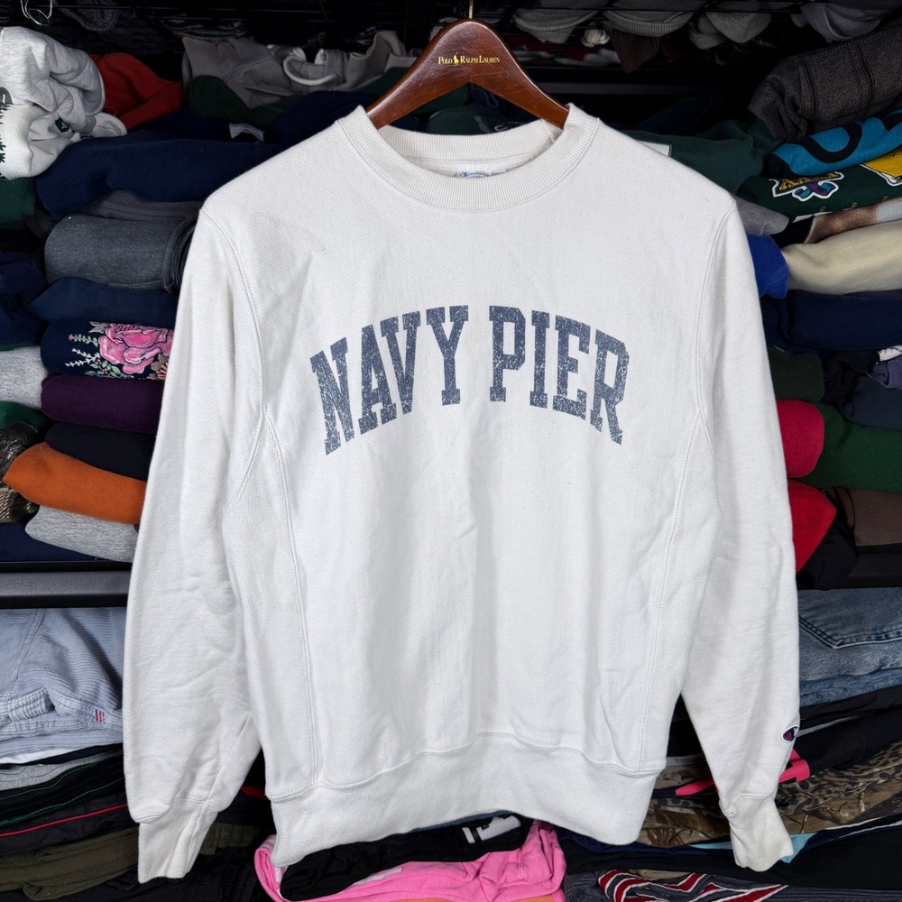 Champion Reverse Weave Sweatshirt Womens Small Cream Navy Pier Crewneck Pullover